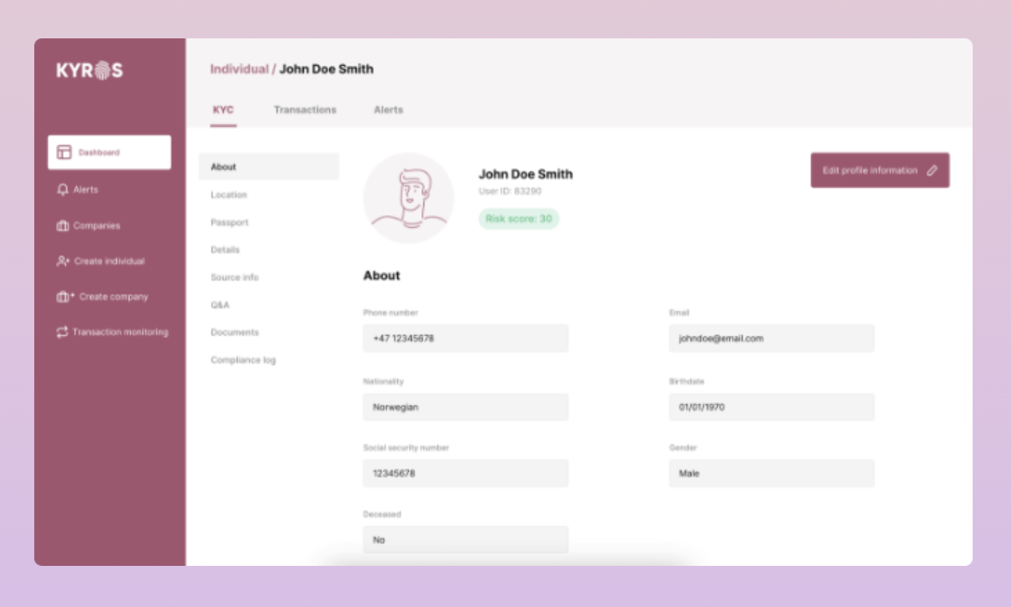 screenshot of Kyros AML Compliance Suite